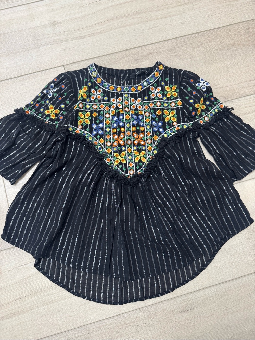 Zara Black Embroidered Peasant Blouse with Multicolor Floral Yoke